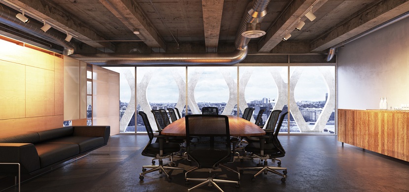 Modern conference room with glass and wood wall panels.